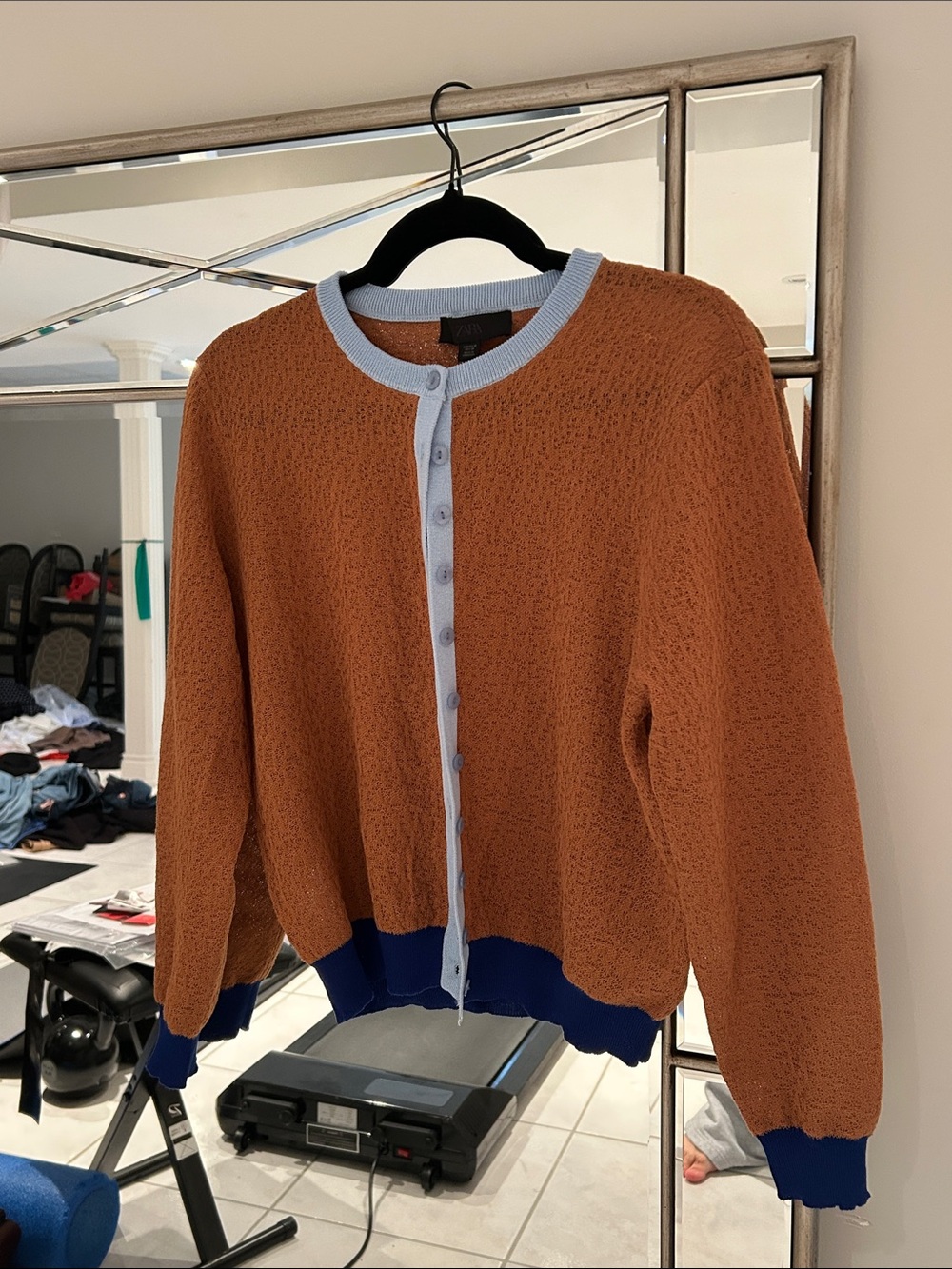 Zara Rust Cardigan with Light Blue Trim and Navy Hem